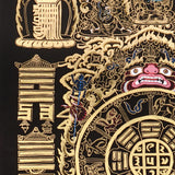 Tibetan astrological calendar thangka black gold painting with zodiac animals and cosmic wheel