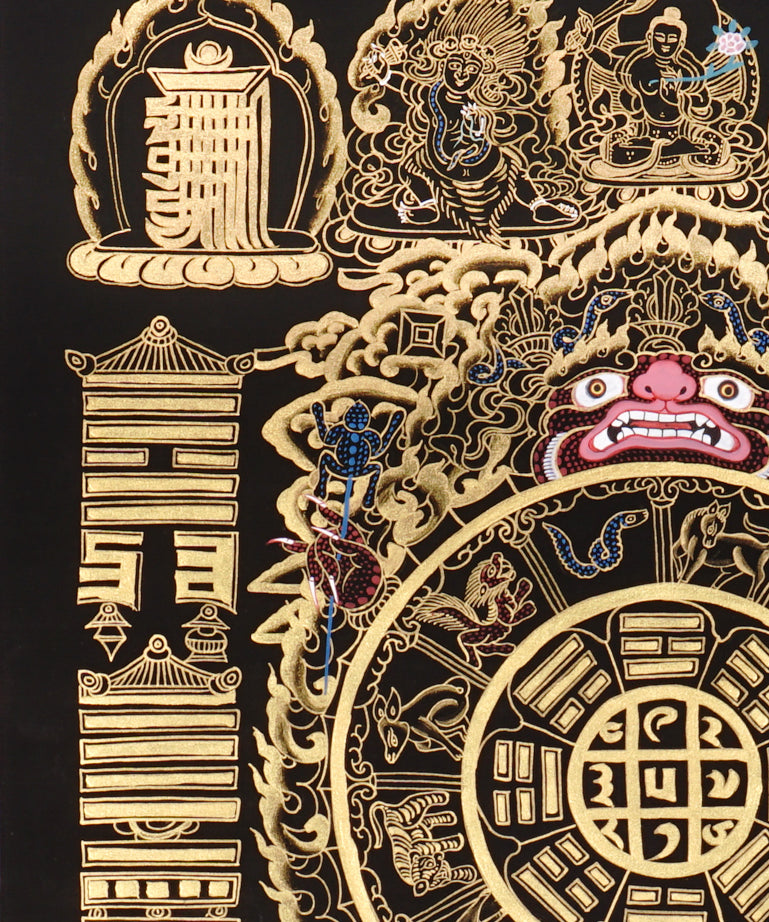 Tibetan astrological calendar thangka black gold painting with zodiac animals and cosmic wheel