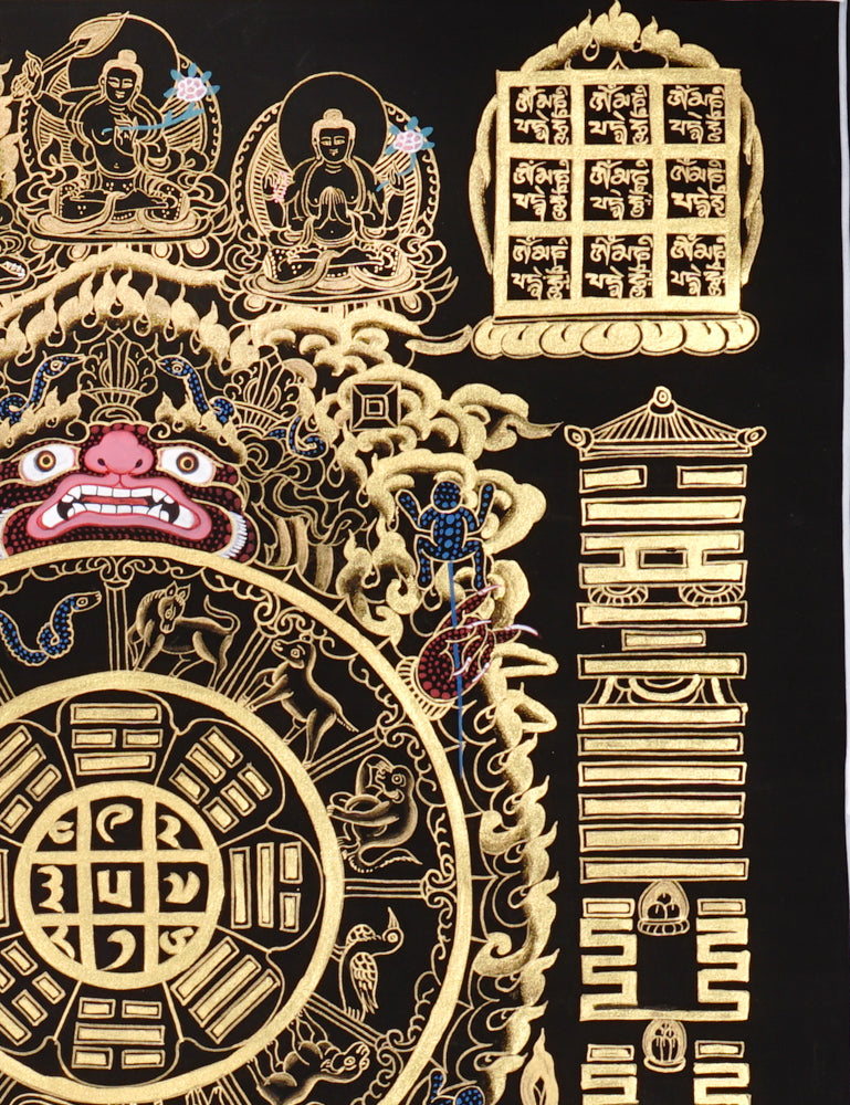 Tibetan astrological calendar thangka black gold painting with zodiac animals and cosmic wheel