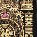 Tibetan astrological calendar thangka black gold painting with zodiac animals and cosmic wheel