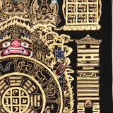 Tibetan astrological calendar thangka black gold painting with zodiac animals and cosmic wheel
