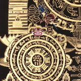 Tibetan astrological calendar thangka black gold painting with zodiac animals and cosmic wheel