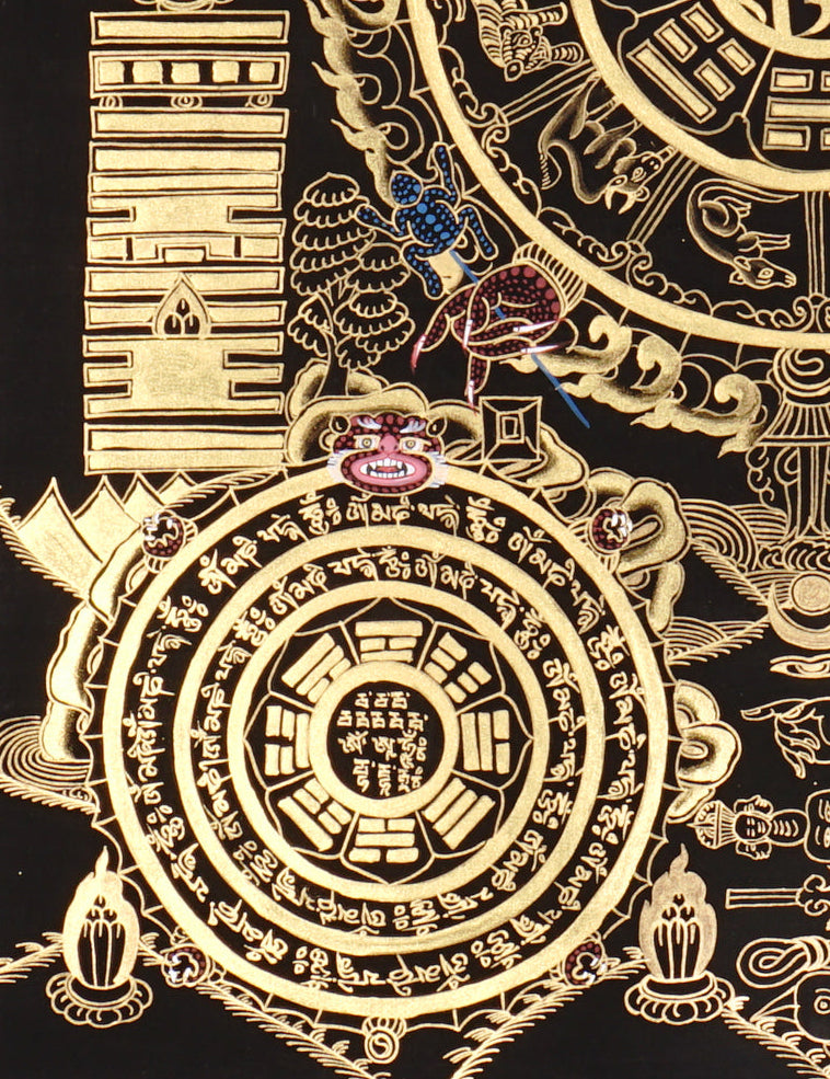 Tibetan astrological calendar thangka black gold painting with zodiac animals and cosmic wheel