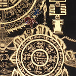 Tibetan astrological calendar thangka black gold painting with zodiac animals and cosmic wheel
