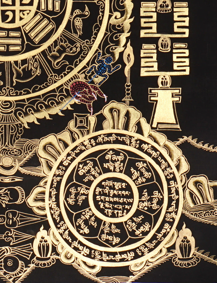 Tibetan astrological calendar thangka black gold painting with zodiac animals and cosmic wheel