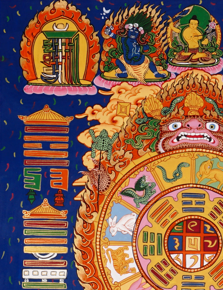 Traditional Himalayan calendar thangka with zodiac cycle and symbolic diagrams
