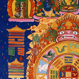 Traditional Himalayan calendar thangka with zodiac cycle and symbolic diagrams