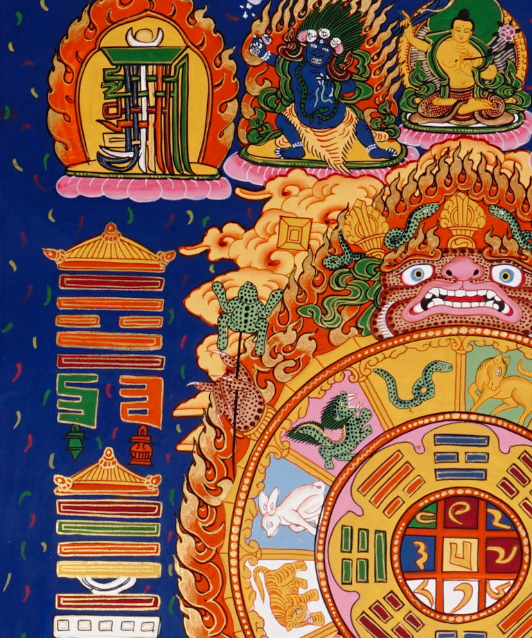 Traditional Himalayan calendar thangka with zodiac cycle and symbolic diagrams