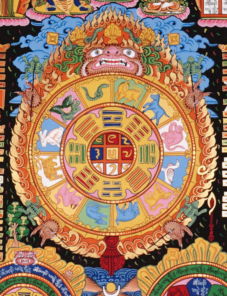 Tibetan cosmology calendar artwork with zodiac animals and astrological chart