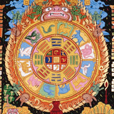 Tibetan cosmology calendar artwork with zodiac animals and astrological chart