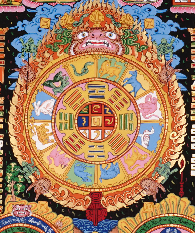 Tibetan cosmology calendar artwork with zodiac animals and astrological chart