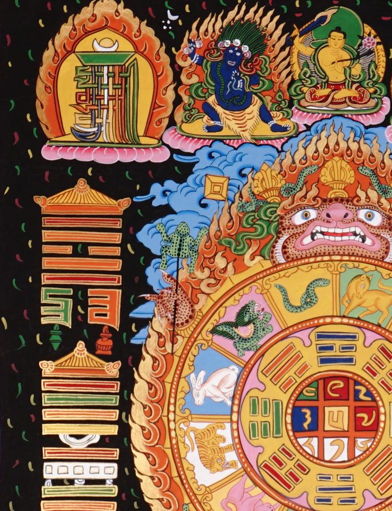 Tibetan cosmology calendar artwork with zodiac animals and astrological chart