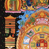 Tibetan cosmology calendar artwork with zodiac animals and astrological chart