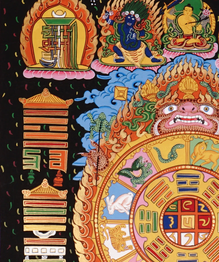 Tibetan cosmology calendar artwork with zodiac animals and astrological chart