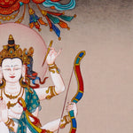 Standing Marichi Oser Chenma thangka painting featuring the Buddhist goddess of light standing on a lotus base.