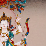 Standing Marichi Oser Chenma thangka painting featuring the Buddhist goddess of light standing on a lotus base.