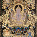 Chenrezig Thangka painting with gold detailing, Avalokiteshvara seated on lotus throne, rainbow arch, and traditional Tibetan Buddhist compassion symbolism.