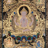 Chenrezig Thangka painting with gold detailing, Avalokiteshvara seated on lotus throne, rainbow arch, and traditional Tibetan Buddhist compassion symbolism.