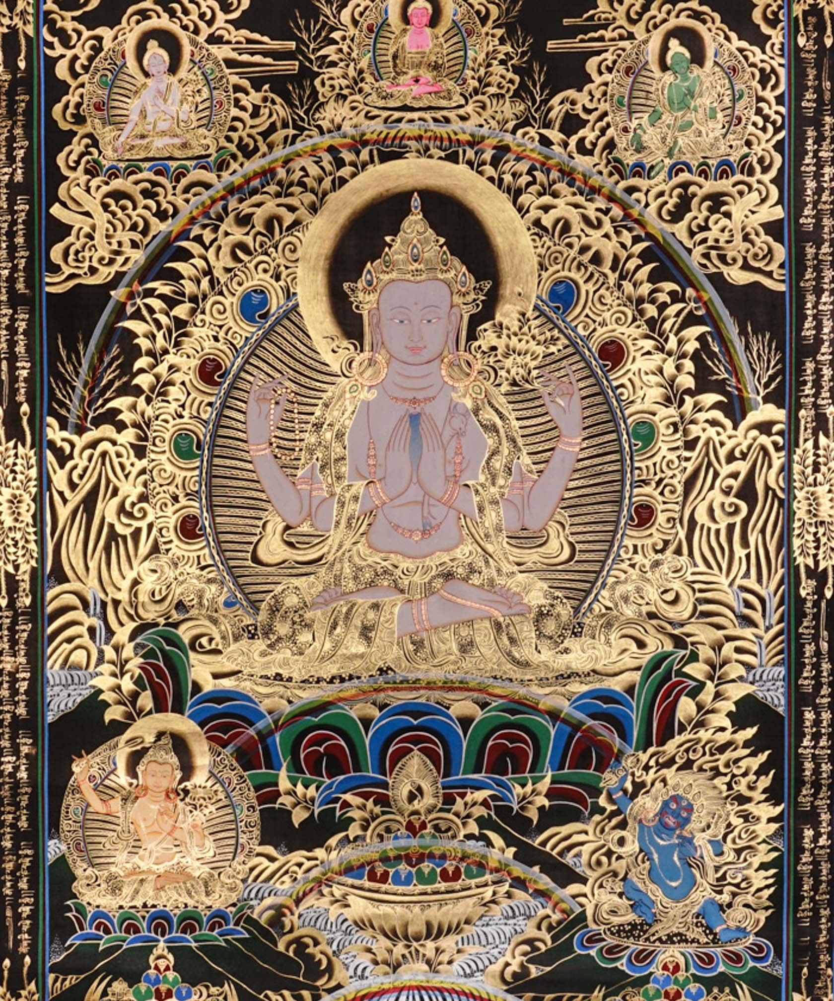 Chenrezig Thangka painting with gold detailing, Avalokiteshvara seated on lotus throne, rainbow arch, and traditional Tibetan Buddhist compassion symbolism.