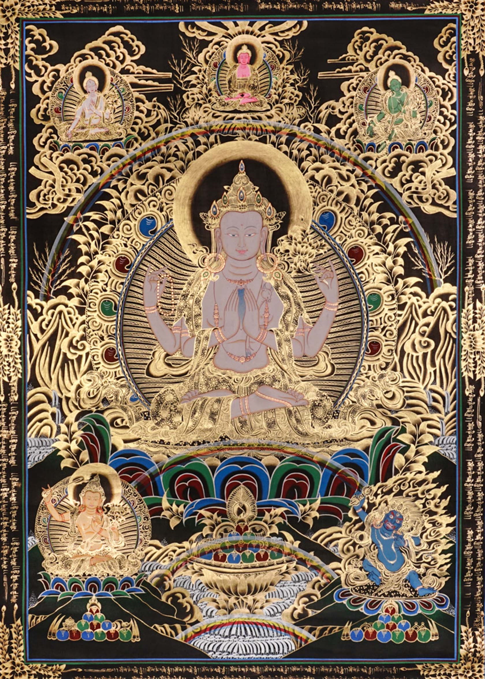 Chenrezig Thangka painting with gold detailing, Avalokiteshvara seated on lotus throne, rainbow arch, and traditional Tibetan Buddhist compassion symbolism.
