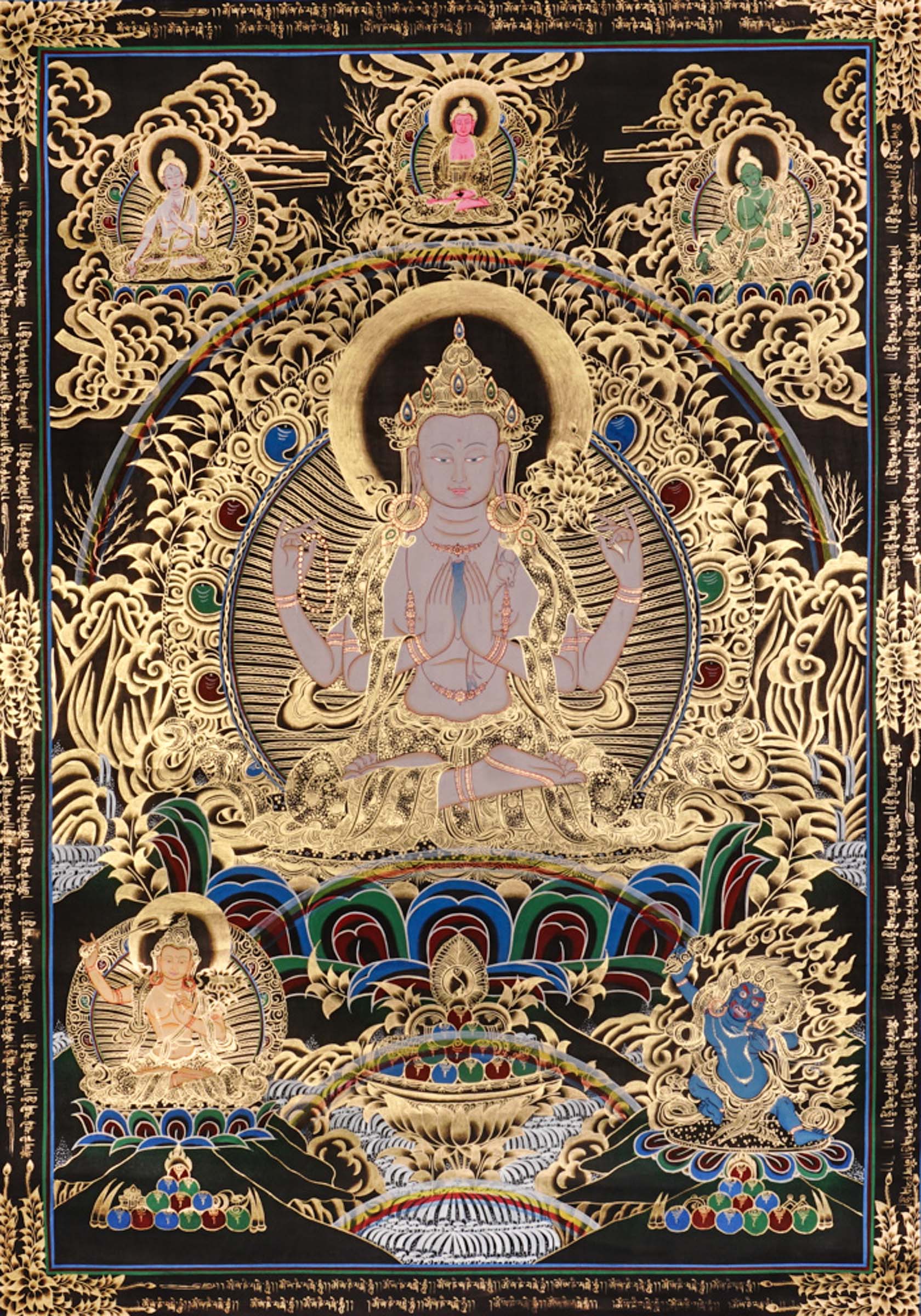 Chenrezig Thangka painting with gold detailing, Avalokiteshvara seated on lotus throne, rainbow arch, and traditional Tibetan Buddhist compassion symbolism.