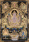 Chenrezig Thangka painting with gold detailing, Avalokiteshvara seated on lotus throne, rainbow arch, and traditional Tibetan Buddhist compassion symbolism.