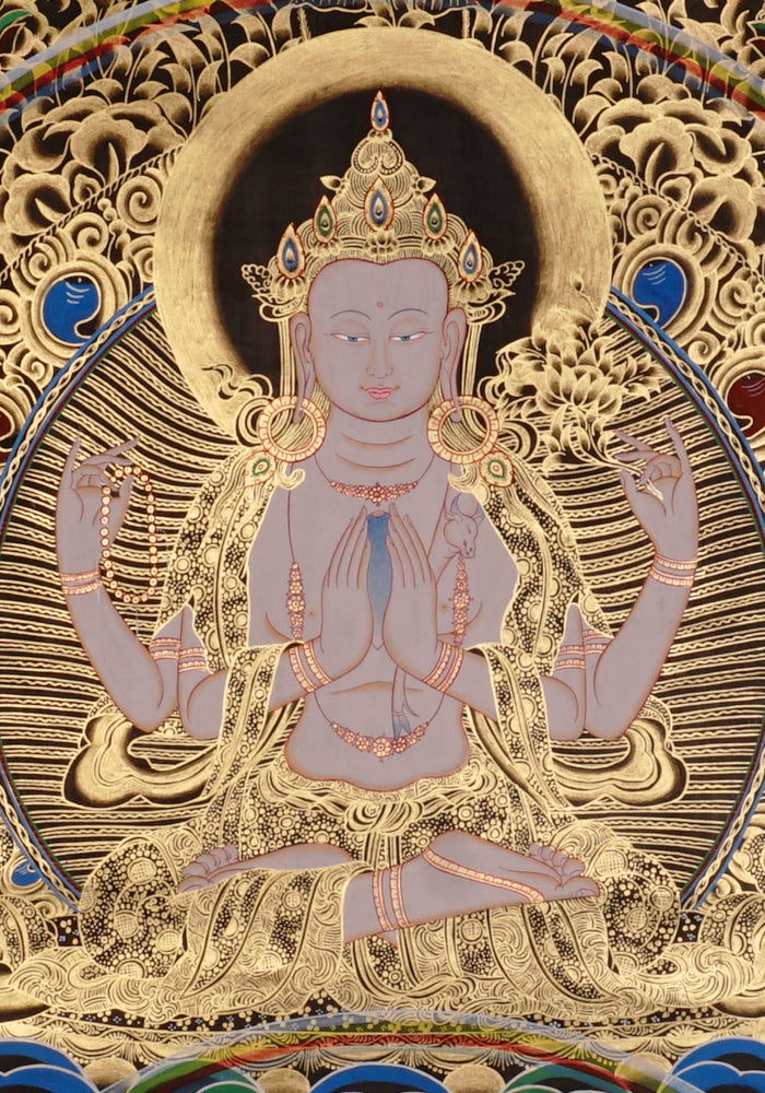 Chenrezig Thangka painting with gold detailing, Avalokiteshvara seated on lotus throne, rainbow arch, and traditional Tibetan Buddhist compassion symbolism.