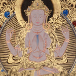 Chenrezig Thangka painting with gold detailing, Avalokiteshvara seated on lotus throne, rainbow arch, and traditional Tibetan Buddhist compassion symbolism.