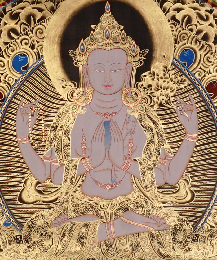 Chenrezig Thangka painting with gold detailing, Avalokiteshvara seated on lotus throne, rainbow arch, and traditional Tibetan Buddhist compassion symbolism.