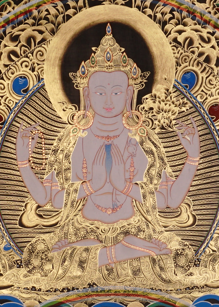 Chenrezig Thangka painting with gold detailing, Avalokiteshvara seated on lotus throne, rainbow arch, and traditional Tibetan Buddhist compassion symbolism.