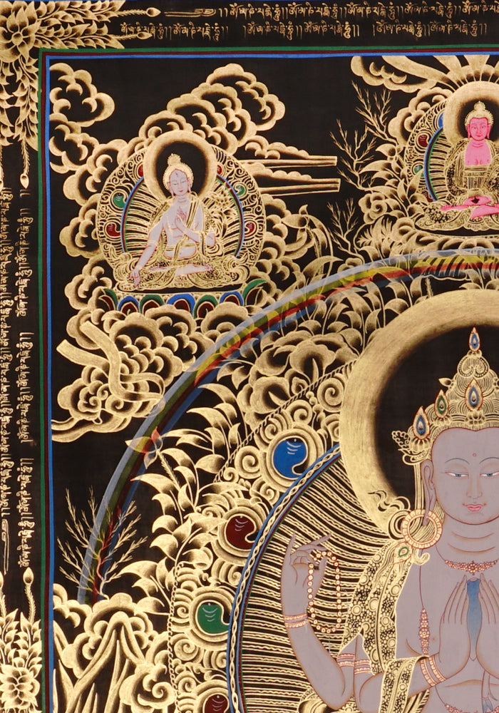 Chenrezig Thangka painting with gold detailing, Avalokiteshvara seated on lotus throne, rainbow arch, and traditional Tibetan Buddhist compassion symbolism.