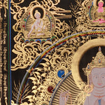 Chenrezig Thangka painting with gold detailing, Avalokiteshvara seated on lotus throne, rainbow arch, and traditional Tibetan Buddhist compassion symbolism.
