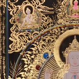 Chenrezig Thangka painting with gold detailing, Avalokiteshvara seated on lotus throne, rainbow arch, and traditional Tibetan Buddhist compassion symbolism.
