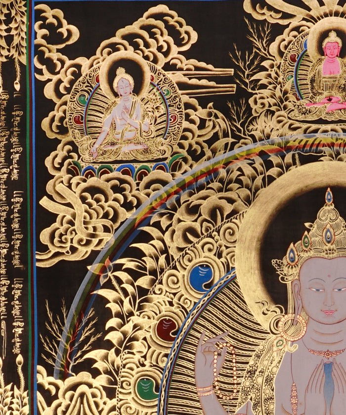 Chenrezig Thangka painting with gold detailing, Avalokiteshvara seated on lotus throne, rainbow arch, and traditional Tibetan Buddhist compassion symbolism.