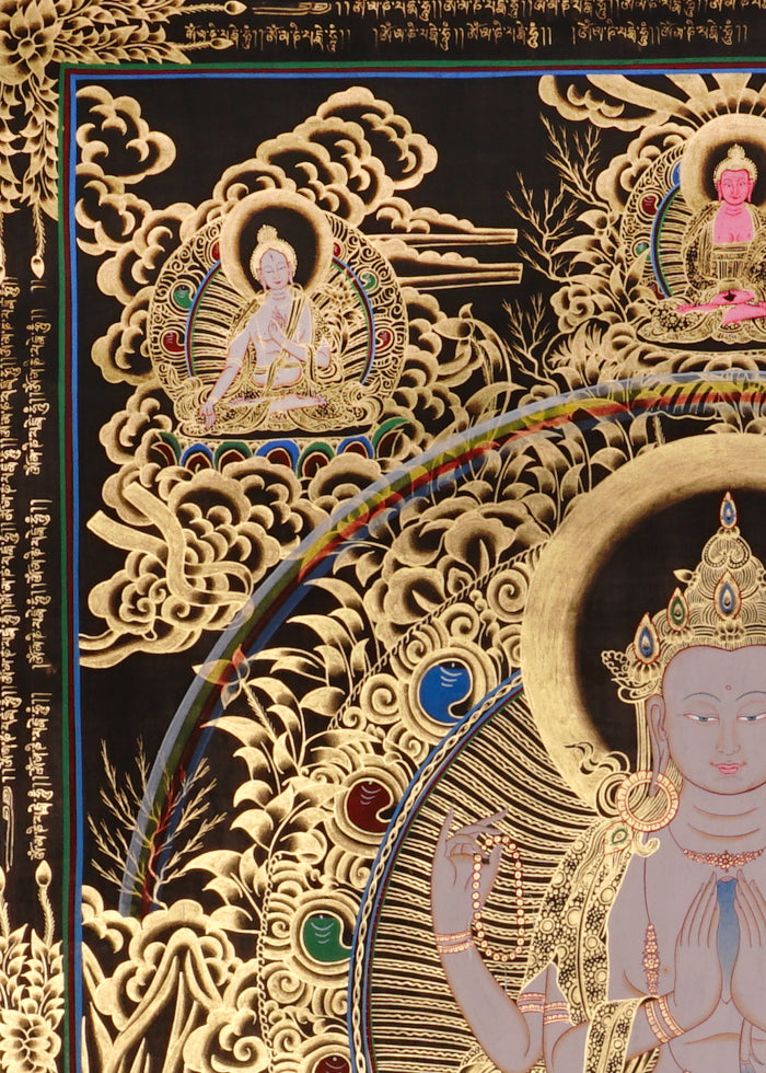 Chenrezig Thangka painting with gold detailing, Avalokiteshvara seated on lotus throne, rainbow arch, and traditional Tibetan Buddhist compassion symbolism.