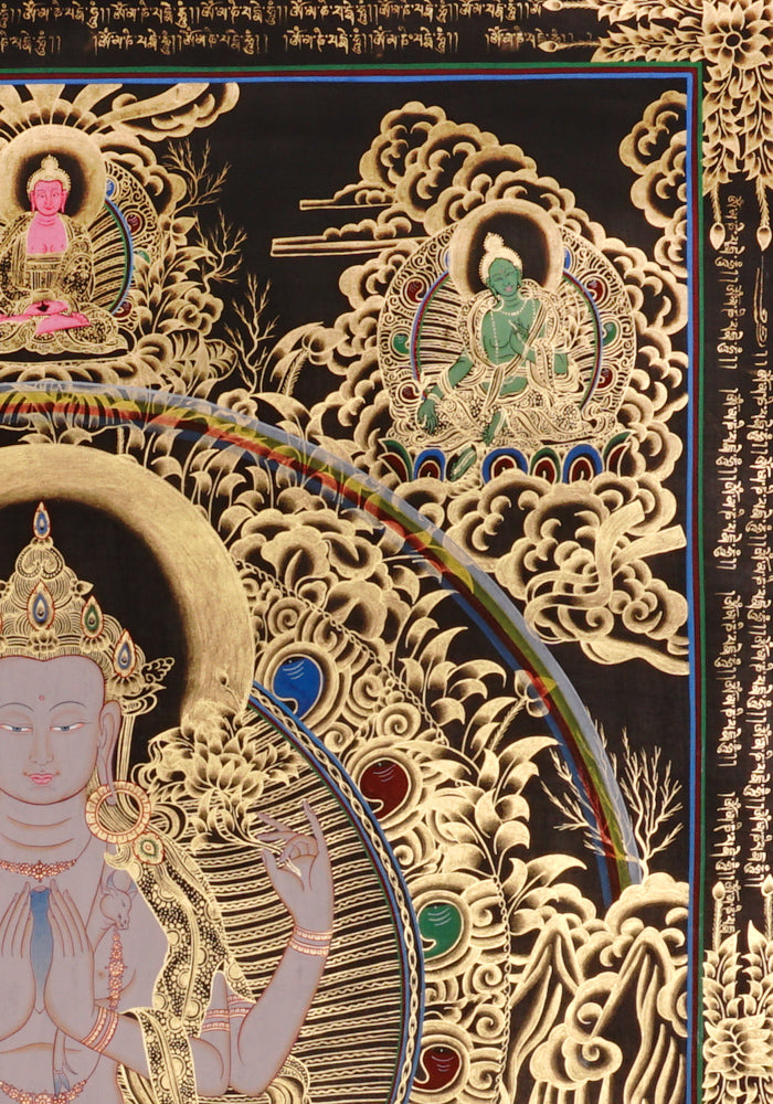 Chenrezig Thangka painting with gold detailing, Avalokiteshvara seated on lotus throne, rainbow arch, and traditional Tibetan Buddhist compassion symbolism.