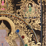 Chenrezig Thangka painting with gold detailing, Avalokiteshvara seated on lotus throne, rainbow arch, and traditional Tibetan Buddhist compassion symbolism.