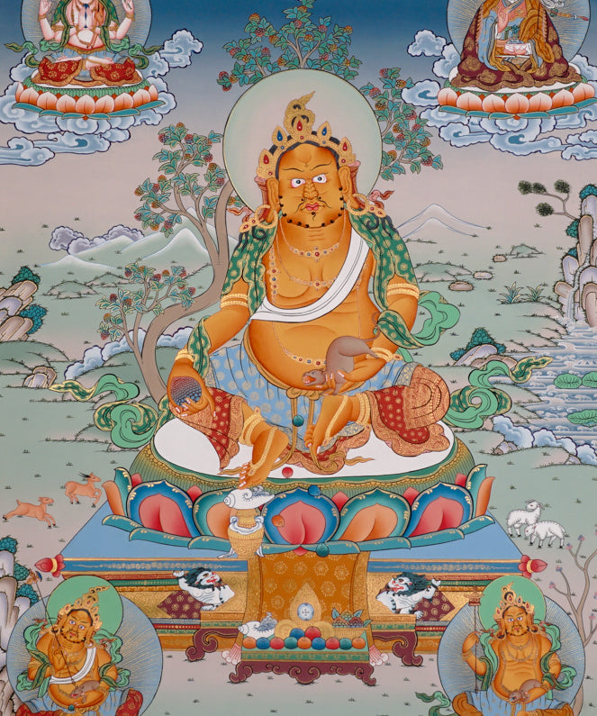 Yellow Zambala Thangka painting with lotus throne, sacred offerings, attendant figures, and Tibetan Buddhist prosperity symbolism.
