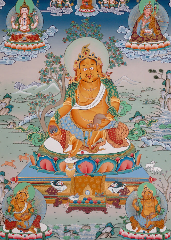 Yellow Zambala Thangka painting with lotus throne, sacred offerings, attendant figures, and Tibetan Buddhist prosperity symbolism.