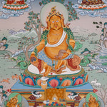 Yellow Zambala Thangka painting with lotus throne, sacred offerings, attendant figures, and Tibetan Buddhist prosperity symbolism.