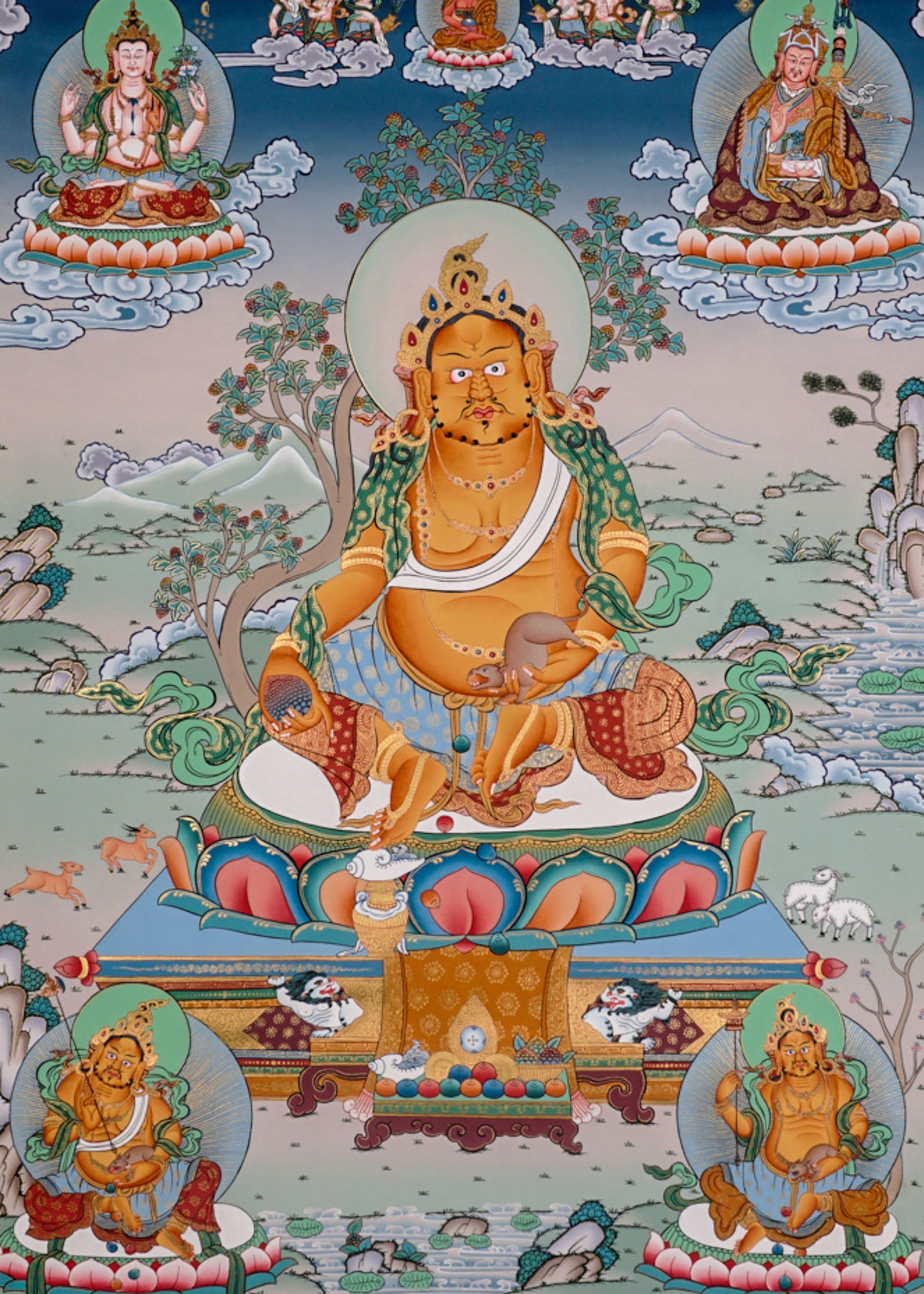 Yellow Zambala Thangka painting with lotus throne, sacred offerings, attendant figures, and Tibetan Buddhist prosperity symbolism.
