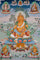 Yellow Zambala Thangka painting with lotus throne, sacred offerings, attendant figures, and Tibetan Buddhist prosperity symbolism.