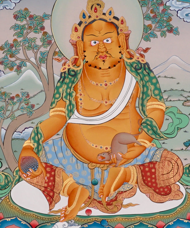 Yellow Zambala Thangka painting with lotus throne, sacred offerings, attendant figures, and Tibetan Buddhist prosperity symbolism.
