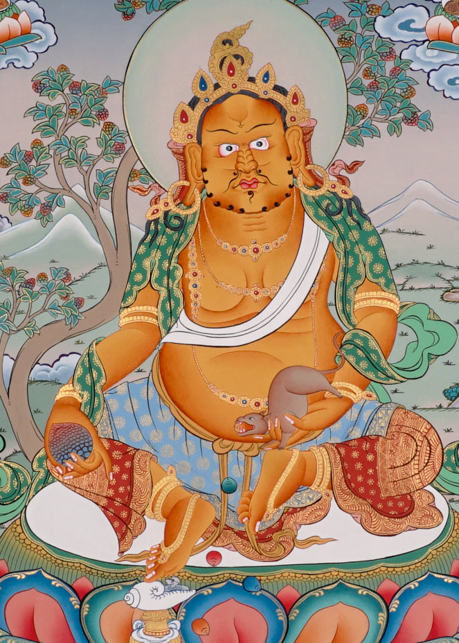 Yellow Zambala Thangka painting with lotus throne, sacred offerings, attendant figures, and Tibetan Buddhist prosperity symbolism.