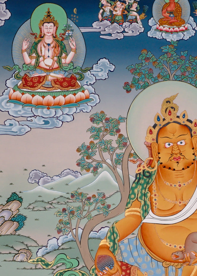 Yellow Zambala Thangka painting with lotus throne, sacred offerings, attendant figures, and Tibetan Buddhist prosperity symbolism.