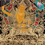 Manjushri Thangka painting with flaming sword, lotus throne, peacock, and Tibetan Buddhist wisdom symbolism.