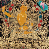 Manjushri Thangka painting with flaming sword, lotus throne, peacock, and Tibetan Buddhist wisdom symbolism.