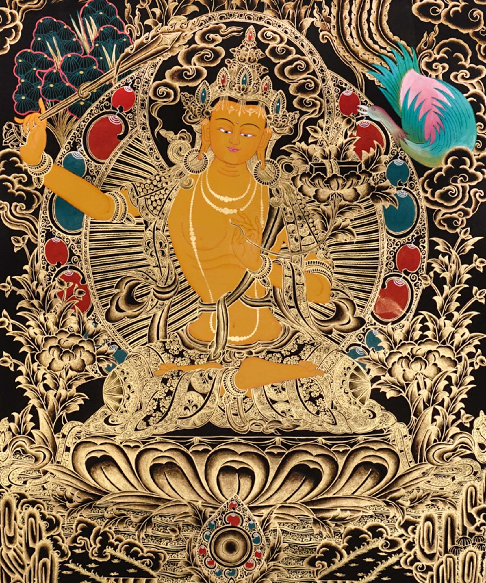 Manjushri Thangka painting with flaming sword, lotus throne, peacock, and Tibetan Buddhist wisdom symbolism.