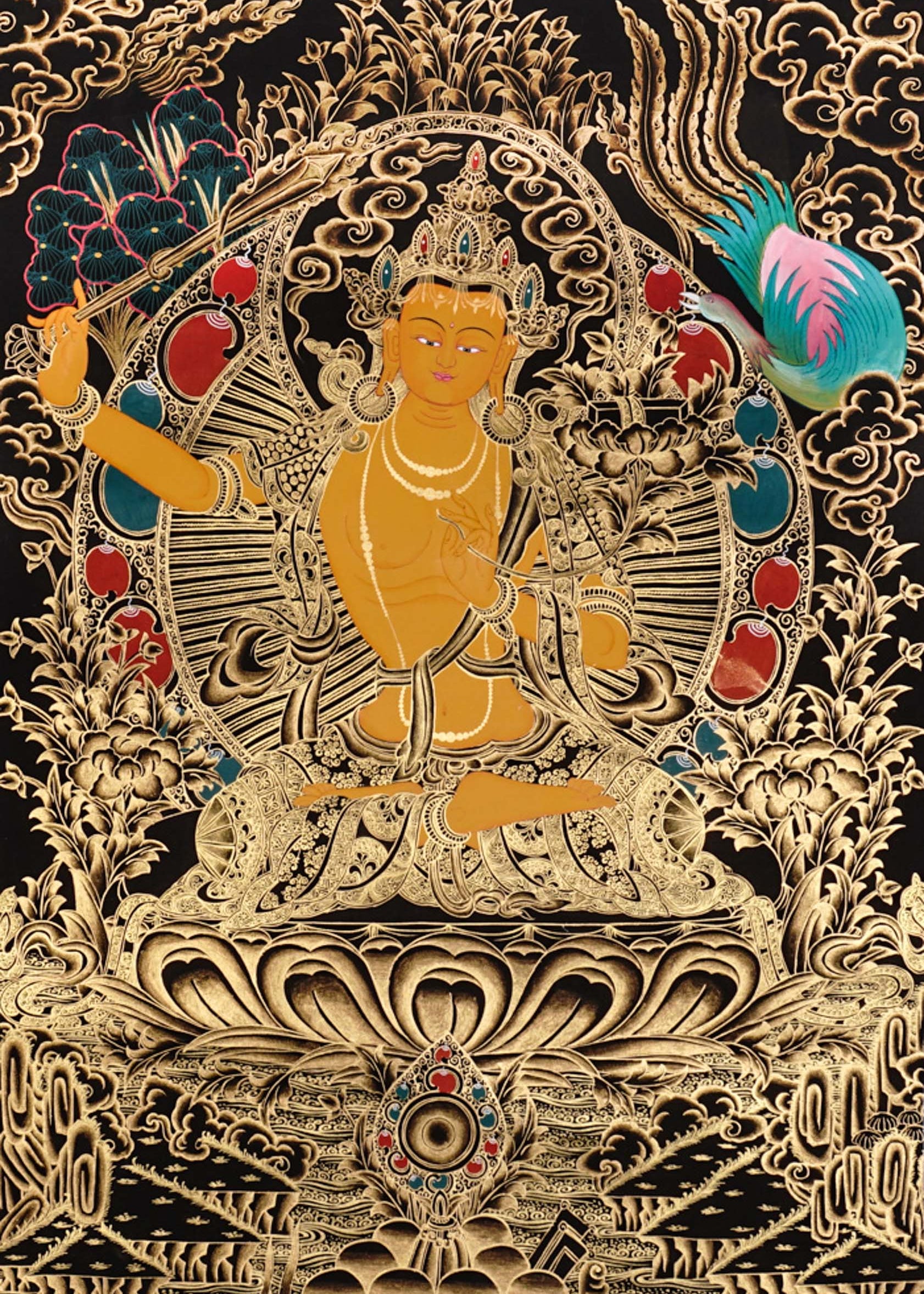 Manjushri Thangka painting with flaming sword, lotus throne, peacock, and Tibetan Buddhist wisdom symbolism.