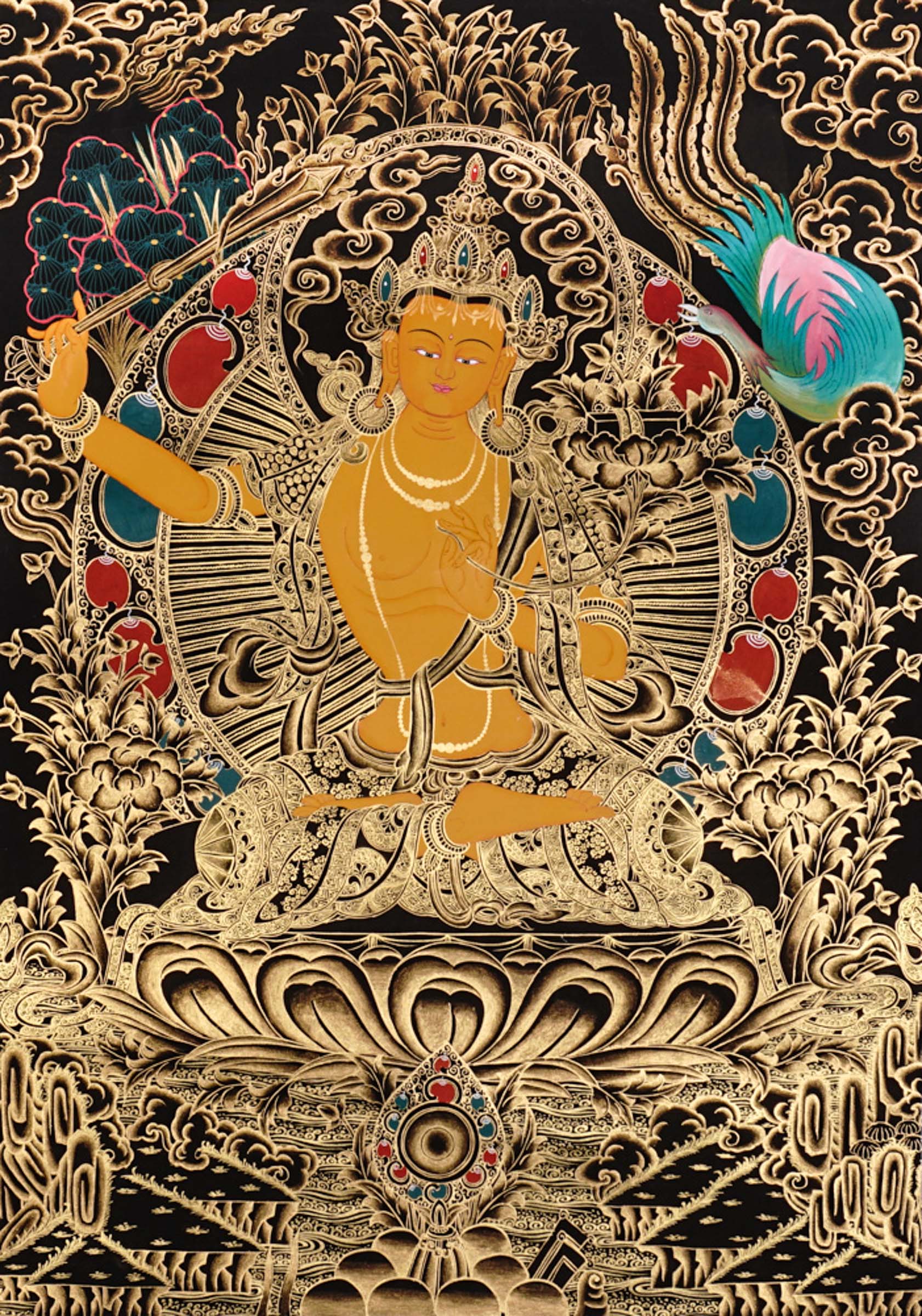 Manjushri Thangka painting with flaming sword, lotus throne, peacock, and Tibetan Buddhist wisdom symbolism.